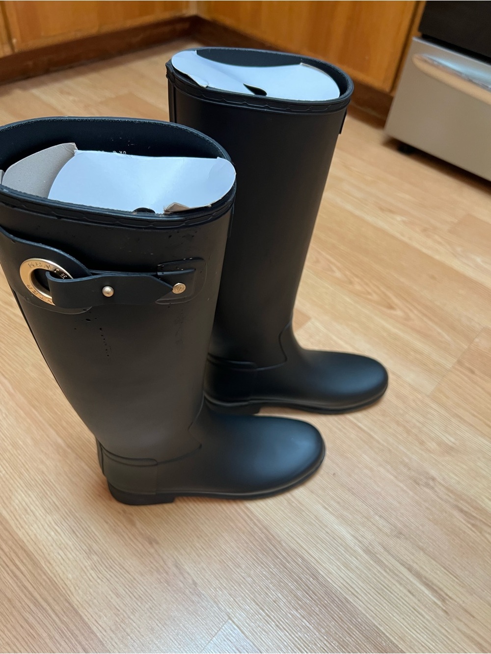 Hublot Black Matte Knee-High Rain Boots with Side Buckle Accent